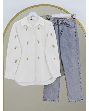 Bouquet Flower Detailed Back Long Shirt -White