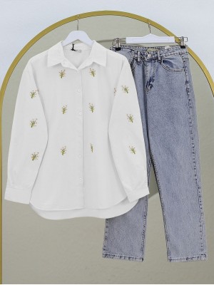 Buket Çiçek Detaylı Arkası Uzun Gömlek -Beyaz