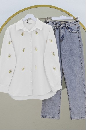 Buket Çiçek Detaylı Arkası Uzun Gömlek -Beyaz