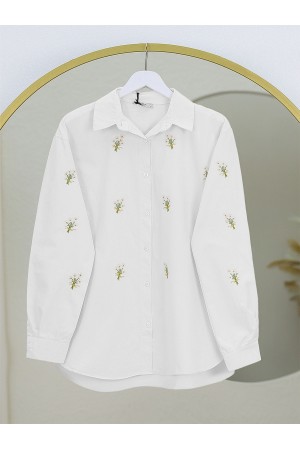 قميص طويل بتفاصيل زهور الباقة من الخلف -أبيض