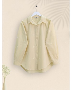 Single Daisy Embroidered Long Back Shirt - Beige