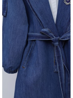 Önü Taş Detaylı Beli Bağcıklı Kot Trençkot -Mavi