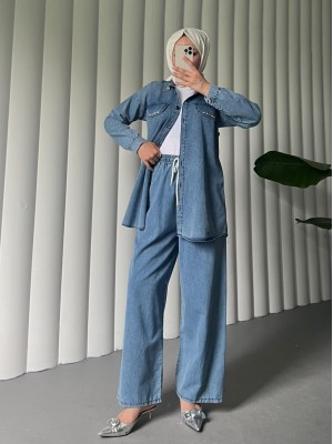 Buttoned Pocket Detailed Wide Leg Trousers Denim Set -Blue