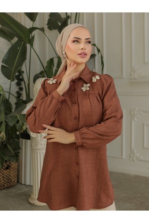 تونيك من الكتان مع رداء مُجمَّع وزخارف خاصة -بني محروق