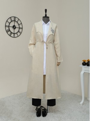 Taş İşlemeli Belden büzgülü Keten Kap -Bej