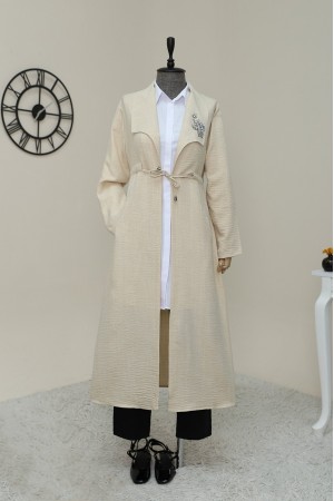 Taş İşlemeli Belden büzgülü Keten Kap -Bej