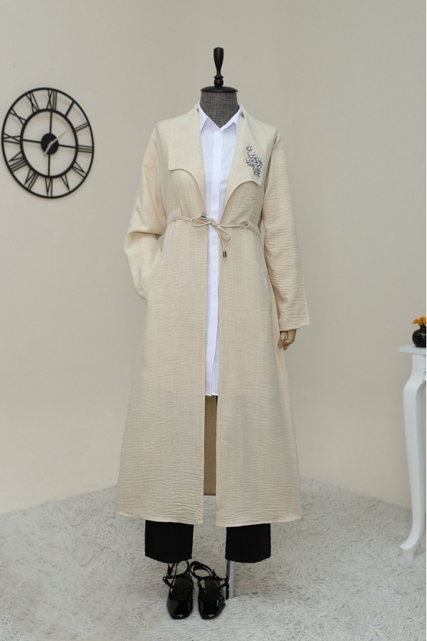 Stone Embroidered Linen Cap Gathered at Waist - Beige