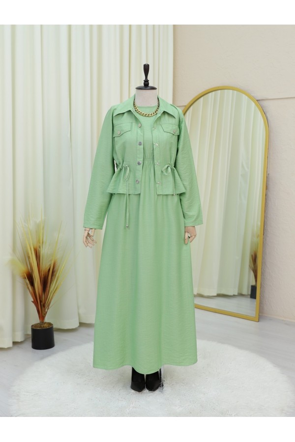 Metal Buttoned Waist Tied Shirt Vest Dress -LIGHT GREEN