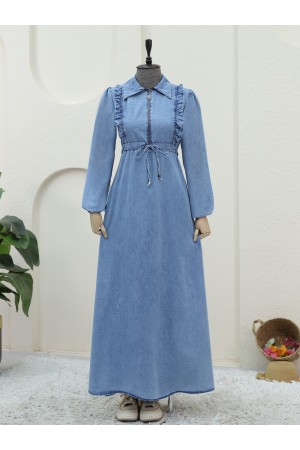 فستان جينز بنصف سحاب وربطة عنق -جليدي