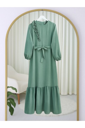 Fırfır Taş Detaylı Parça Eteklii Kemerli Ayrobin Elbise   -خاكي