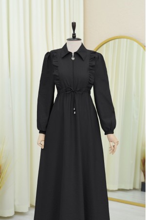 Half Buttoned Tunnel Laced Dress with Ruffle Front -Black