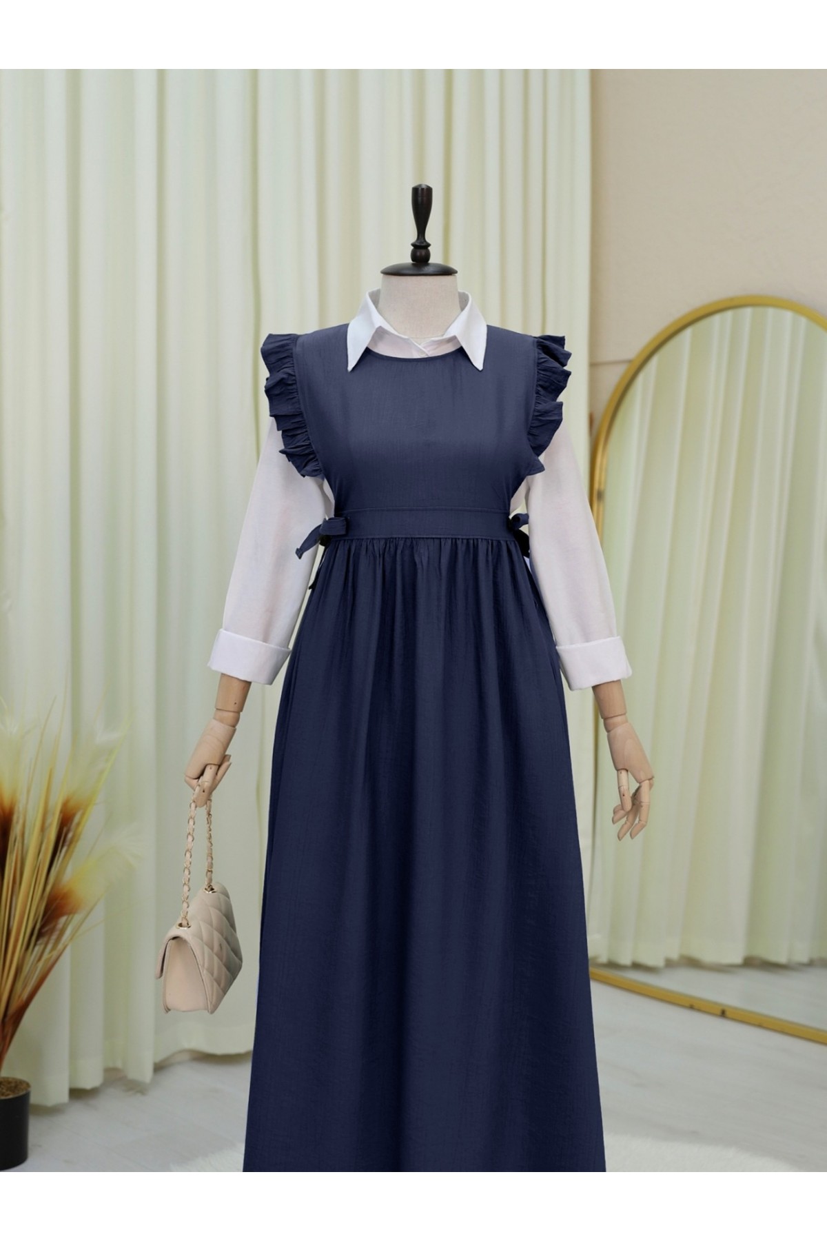 Waist Tied Ruffle Detailed Vest Dress -Navy blue