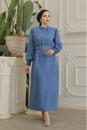 فستان من الكتان بحزام وياقة حجرية وأكمام مجمعة -اللون النيلي