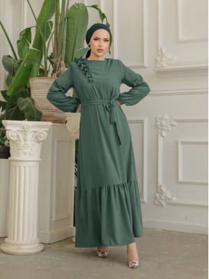 Ruffle Stone Detailed Piece Skirt Belted Ayrobin Dress   -Khaki