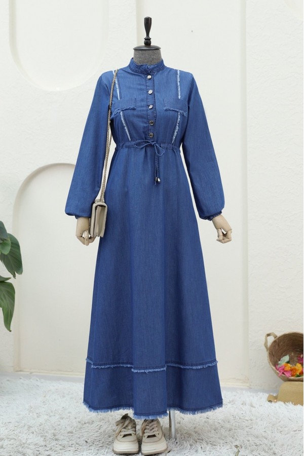 Half Buttoned Tassel Detailed Tunnel Laced Denim Dress -İndigo