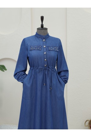 فستان جينز مزين بجيوب حجرية وتفاصيل نفق -اللون النيلي