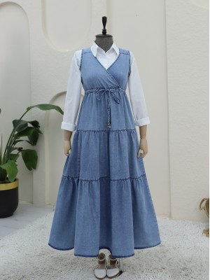 Tunnel Laced V Neck Denim Vest -Ice Blue