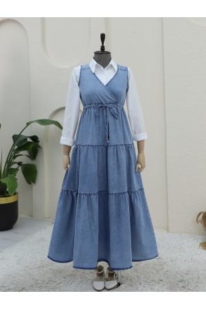 Tünel Bağcıklı V Yaka Kot Jile -Buz Mavi