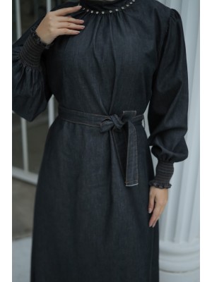 Kolu Lastikli Yakası Taşlı Kot Elbise -Antrasit