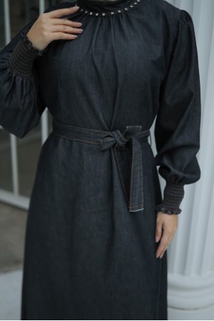 Kolu Lastikli Yakası Taşlı Kot Elbise -Antrasit