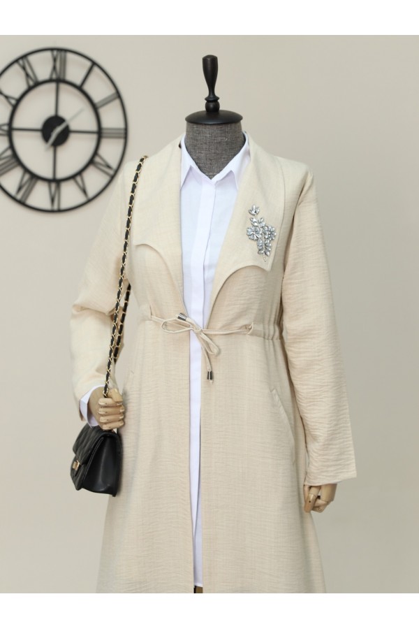 Stone Embroidered Linen Cap Gathered at Waist - Beige