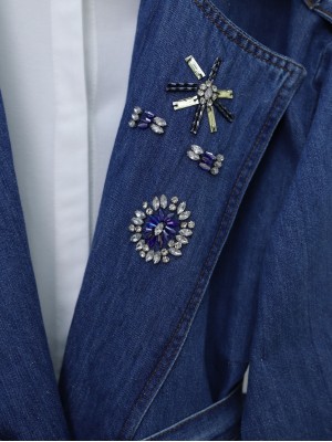 Önü Taş Detaylı Beli Bağcıklı Kot Trençkot -Mavi