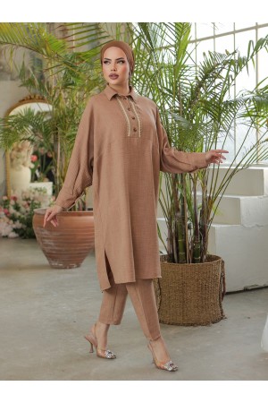 تونيك كتان كاجوال مطرز بالدانتيل بأزرار -تدرجات البيج