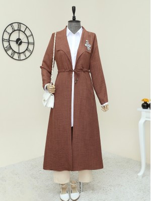 Taş İşlemeli Belden büzgülü Keten Kap -Taba