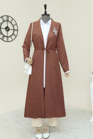 Taş İşlemeli Belden büzgülü Keten Kap -Taba