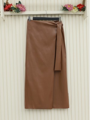 Yan Bağlamalı Önü Çift Katlı Deri Etek -Taba