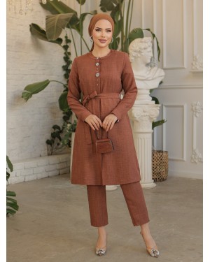 Taş İşlemeli Boydan Düğmeli Kuşaklı Keten Uzun Tunik -K. Kahve