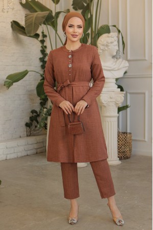 Taş İşlemeli Boydan Düğmeli Kuşaklı Keten Uzun Tunik -K. Kahve