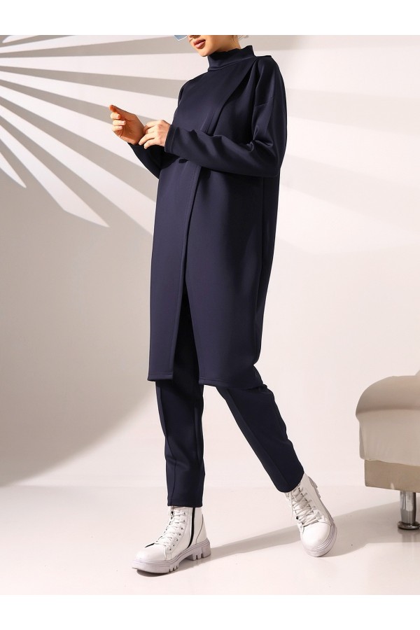 Stand Collar Front Double Layer Tunic Trousers Scuba Suit -Black
