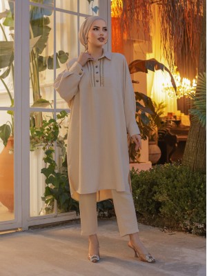 Buttoned Lace Embroidered Casual Linen Tunic - Beige