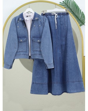 Pearly Zippered Jacket Skirt Denim Set  -Ice Blue