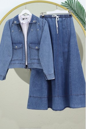 Serpme İncili Fermuarlı Ceket Etek Kot Takım  -Buz Mavi