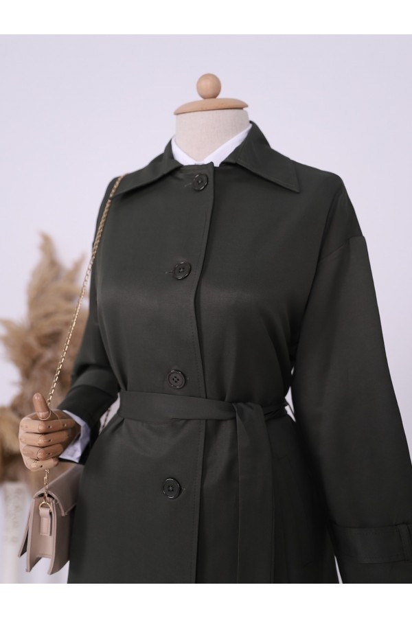Buttoned Waist Tied Arm Epaulette Trench Coat -Khaki