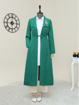 Taş İşlemeli Belden büzgülü Keten Kap -Orman Yş.