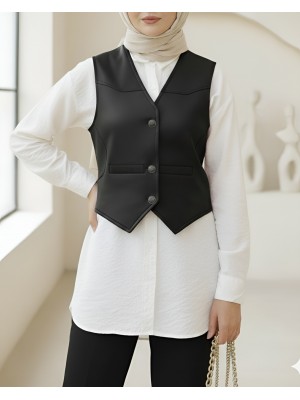 Cep Detaylı Düğmeli Scuba Yelek -Siyah