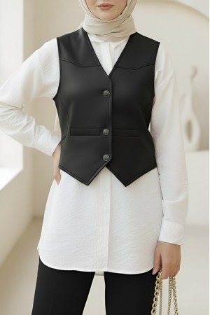 Cep Detaylı Düğmeli Scuba Yelek -Siyah