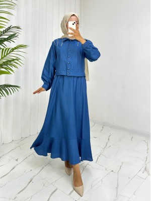 Omuzu Taşlı Düğmeli Ceket Etek Keten Takım -Mavi