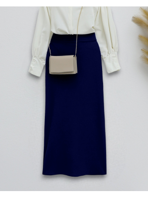 İthal Krep Kalem Etek   -Navy blue
