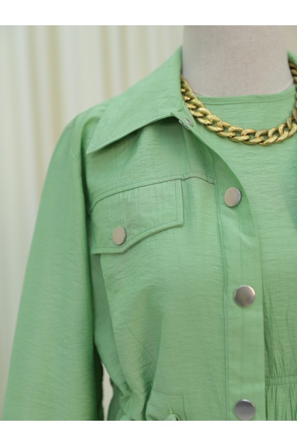 Metal Buttoned Waist Tied Shirt Vest Dress -LIGHT GREEN