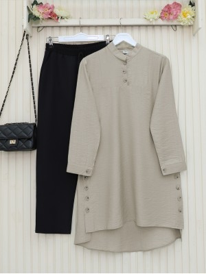 Button Detailed Judge Collar Tunic       -Light Mink