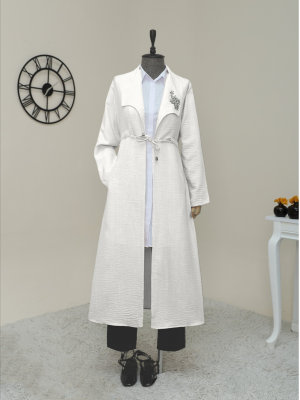 Taş İşlemeli Belden büzgülü Keten Kap -Beyaz