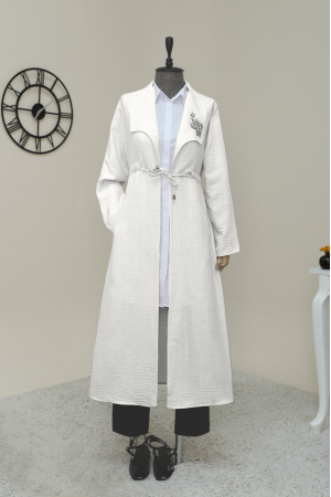 Taş İşlemeli Belden büzgülü Keten Kap -Beyaz