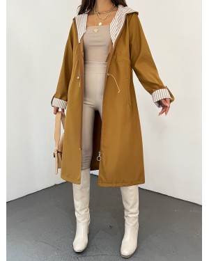 Tünel Bağcıklı Kapşonlu Trenckot   -Taba