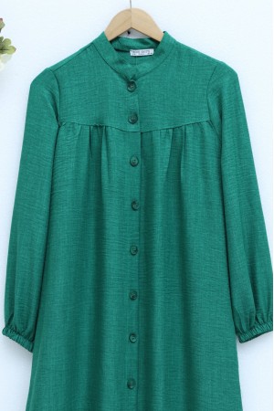 Hakim Yaka Boydan Düğmeli Keten Tunik  -Orman Yş.