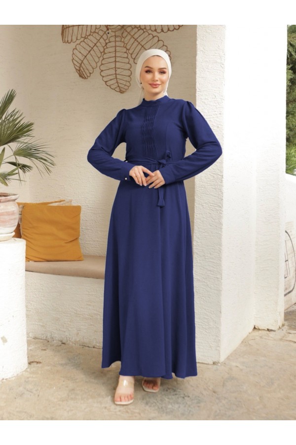 Belted Ayrobin Dress with Çima Detail   -Navy blue