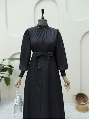 Kolu Lastikli Yakası Taşlı Kot Elbise -Antrasit